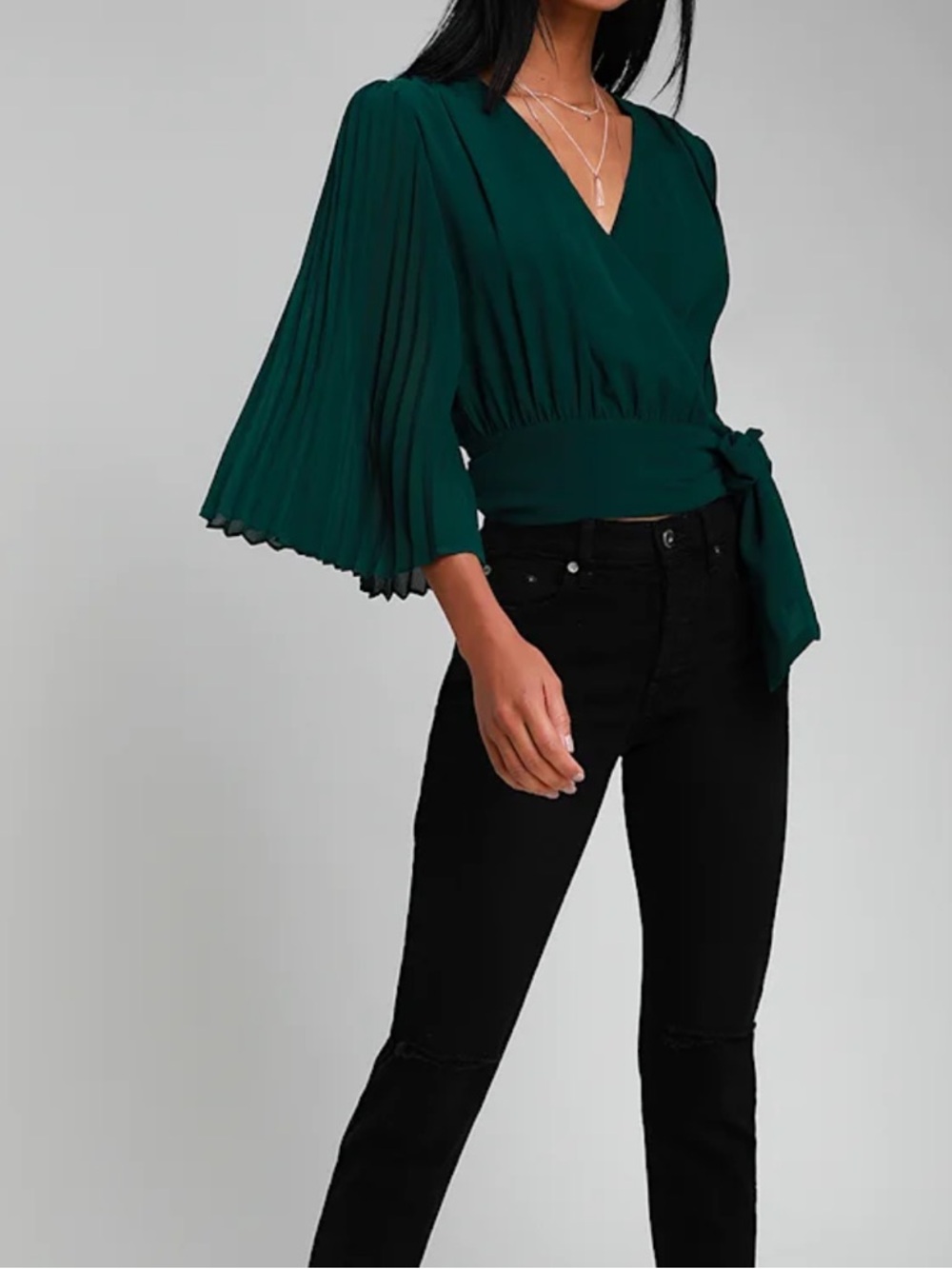 Lulu’s Pleats and Thank You Forest Green Pleated Wrap Top